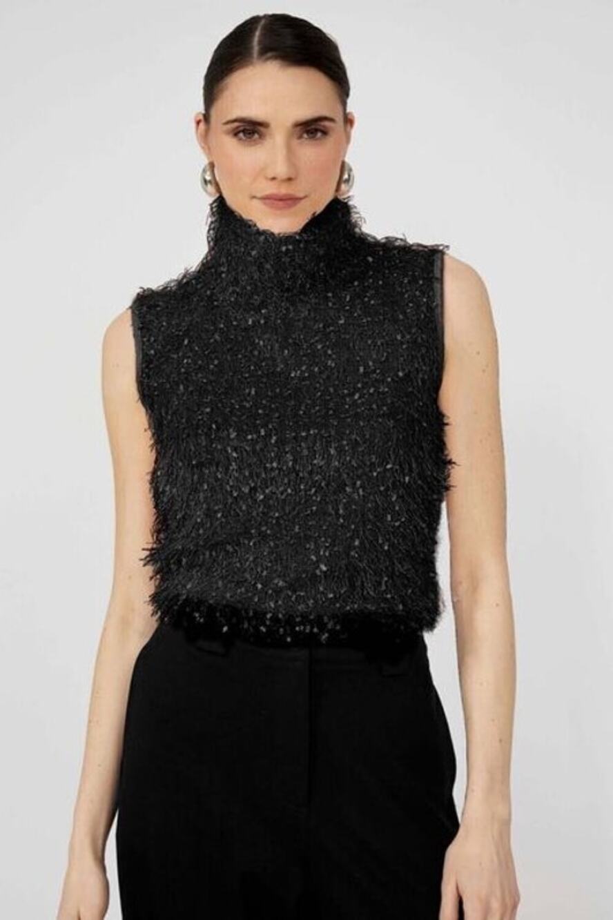 Joseph Ribkoff Black Metallic Eyelash Knit Sleeveless Turtleneck Top Womens 14